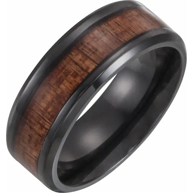 Black Titanium 8mm Beveled-Edge Band with Wood Inlay