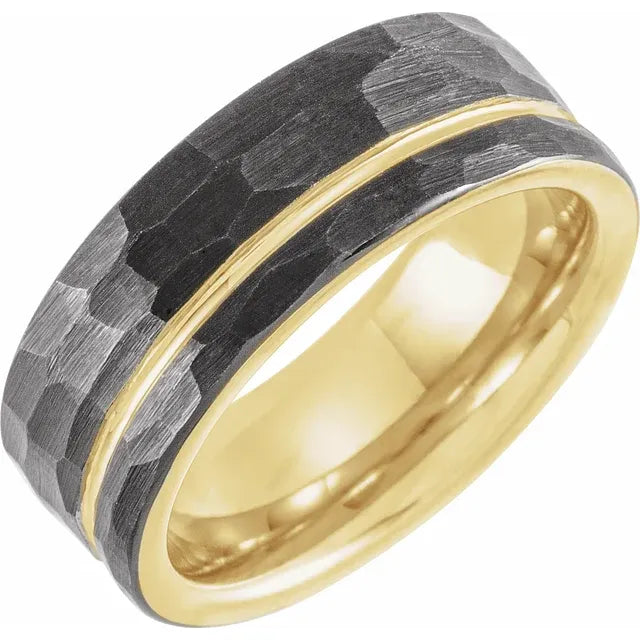 Black & 18K Yellow Gold PVD Tungsten 8mm Grooved Band With Hammer Finish