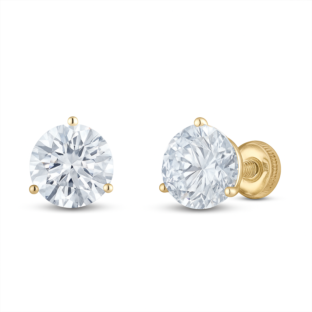 14KT YG Round Three Prong Martini 1.10ct Lab Grown Diamond Studs