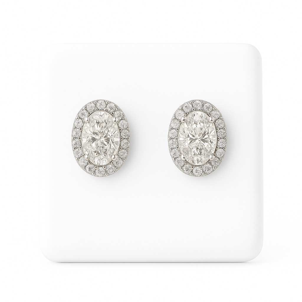 14KT 1.15CT Lab Diamond YG Oval Halo Stud Earrings
