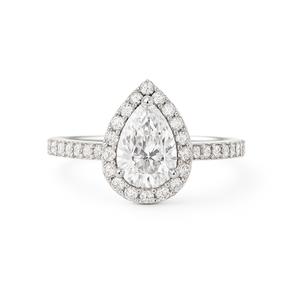 14Kt YG Pear Shape Halo Lab Diamond Ring 1.29CT VS F Color