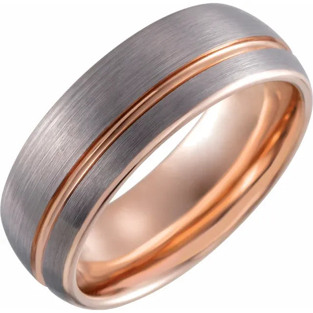 18K Rose Gold PVD Tungsten 8mm Grooved Band with Satin Finish