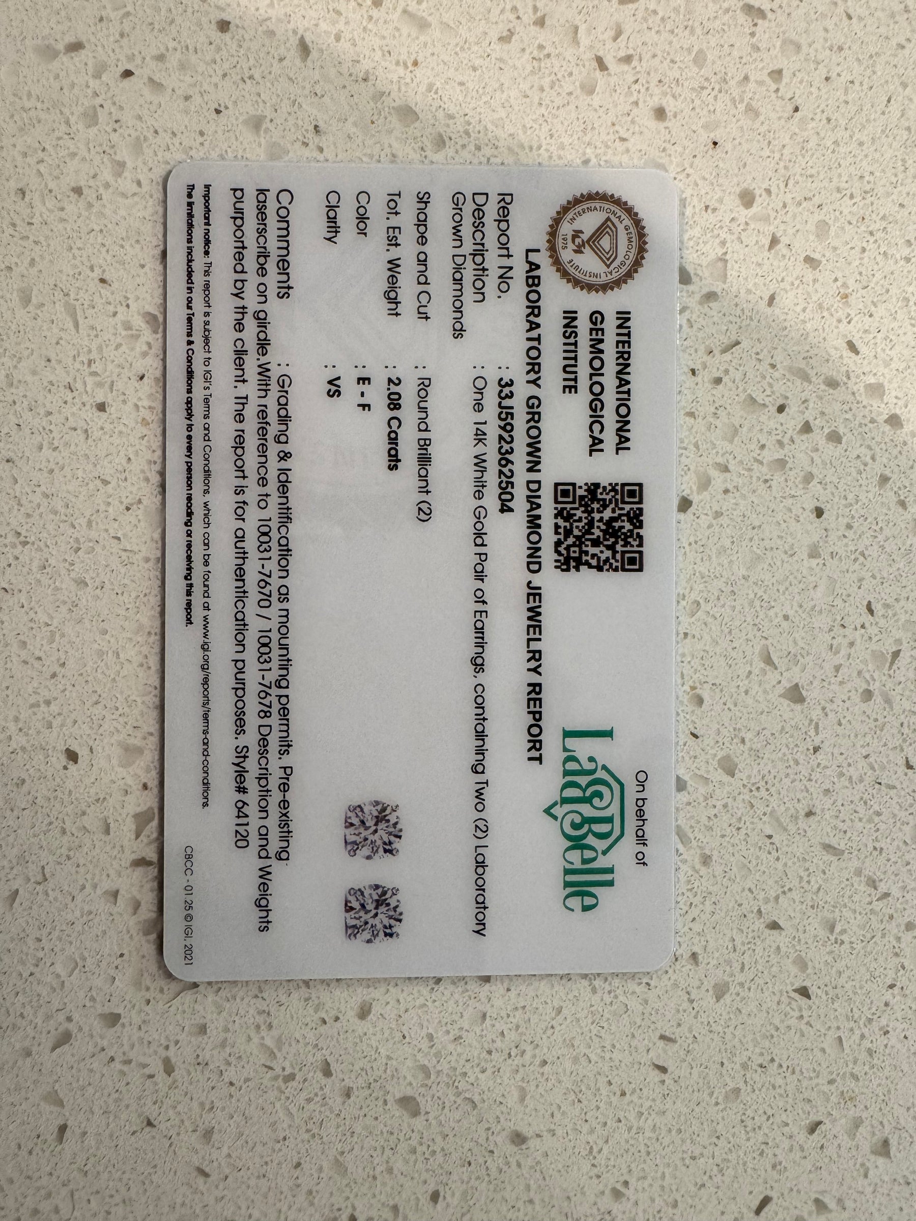 14KT WG 2.08CT Lab Grown Diamond Studs