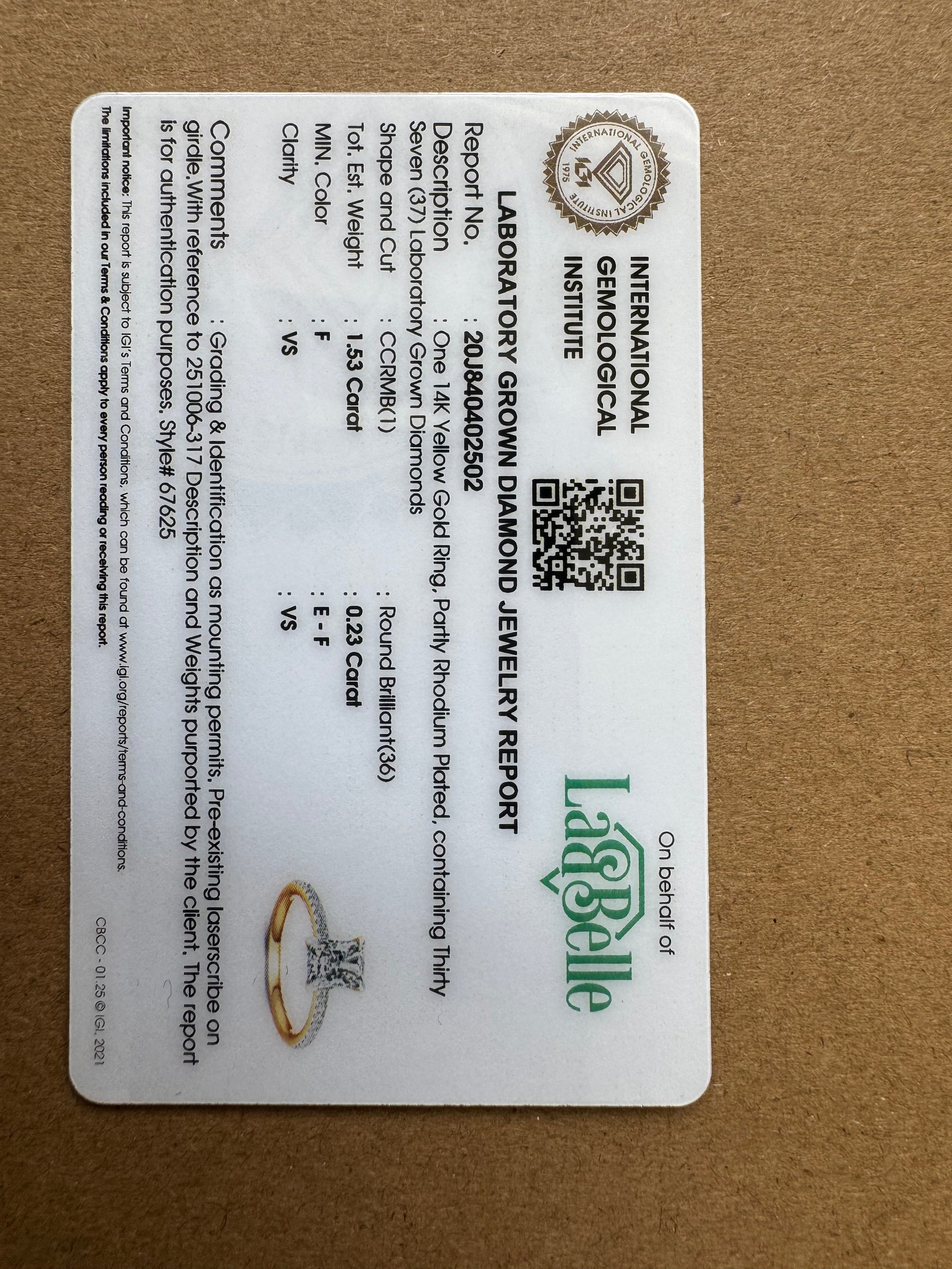 14KT YG 1.53CT CENTER RADIANT CUT LAB GROWN DIAMOND RING