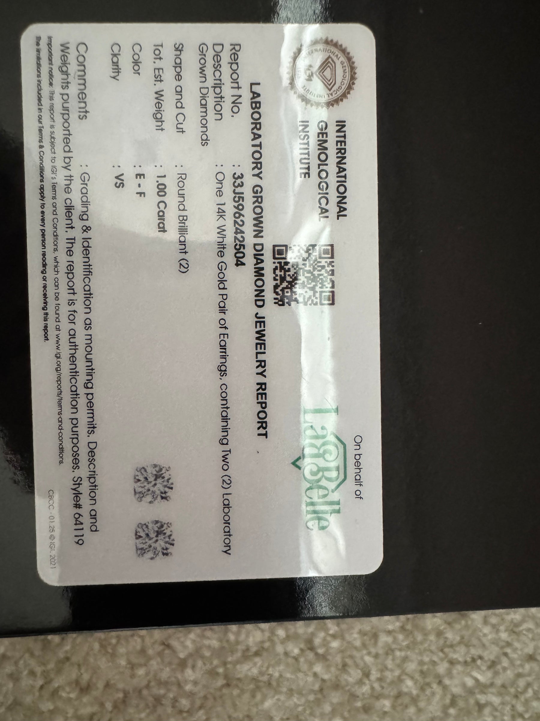 14KT 1.00CT Lab Grown Diamond Studs