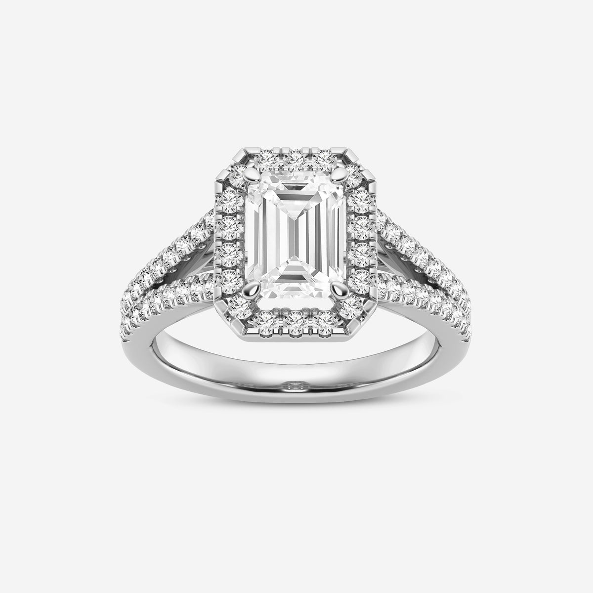 Halo Emerald Cut Double Shank Lab Diamond Ring